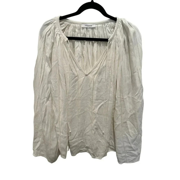 Frame Revolve White Lattice Deep V-Neck Relaxed Fit Peasant Blouse Size Medium - Picture 1 of 6